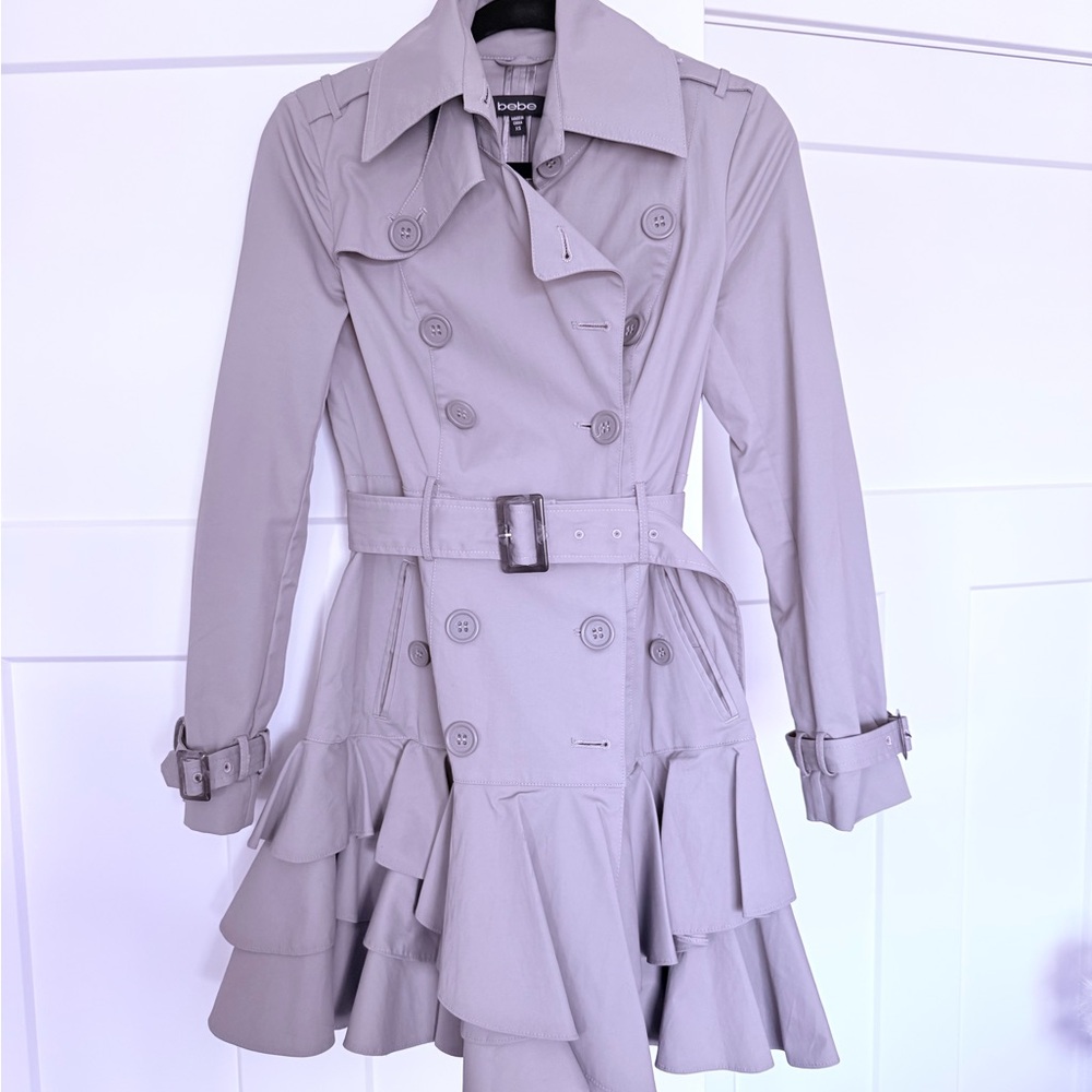 Bebe Ruffle Trench Coat – Fit & Flare Double-Breasted Gray XS